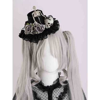 Black Floral Halloween Skeleton Mini Hat - Free Size