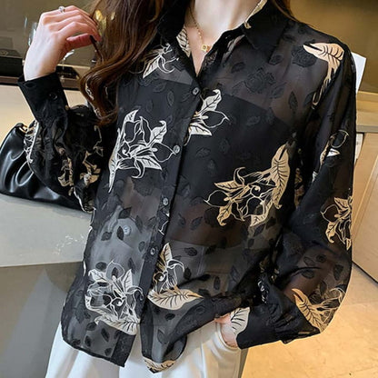 Black Floral Print Puff Sleeve Chiffon Shirt