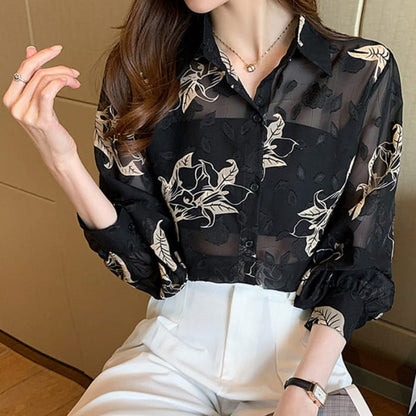 Black Floral Print Puff Sleeve Chiffon Shirt