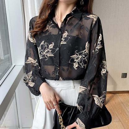 Black Floral Print Puff Sleeve Chiffon Shirt - S