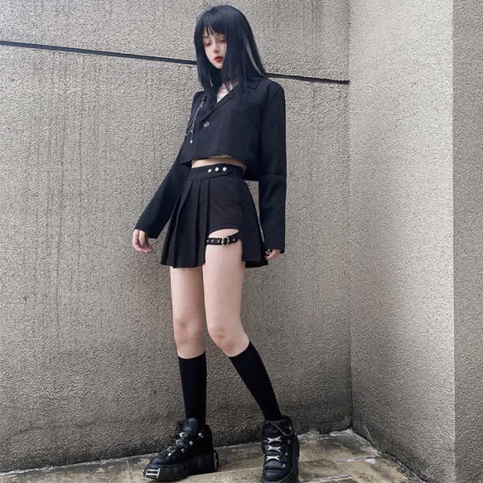 Black Gothic Chain Crop Blazer Hollow Buckle Pleated Skirt