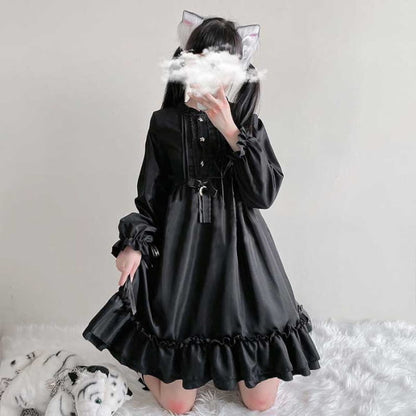 Black Gothic Darkness Star Button Front Dress - Long Sleeve