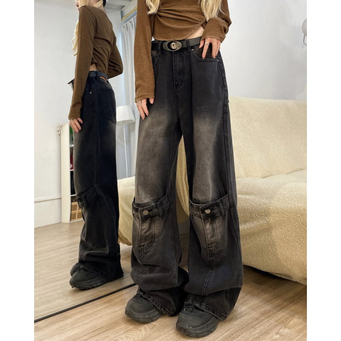 Black Knee Buckle Jeans