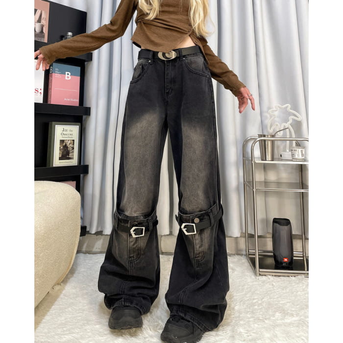 Black Knee Buckle Jeans