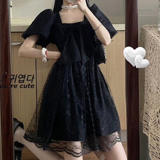 Black Lace Bow Knot Square Collar Tulle Dress