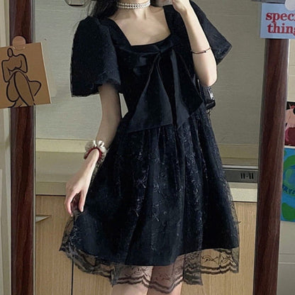 Black Lace Bow Knot Square Collar Tulle Dress - S