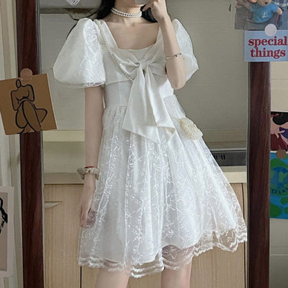 Black Lace Bow Knot Square Collar Tulle Dress - White / S