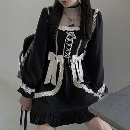 Black Lace Up Lolita Bow-Knot Maid Dress - One Size