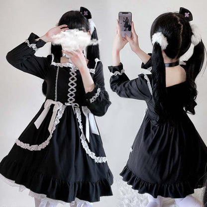 Black Lace Up Lolita Bow-Knot Maid Dress - One Size