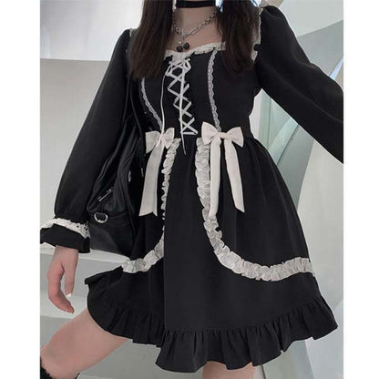 Black Lace Up Lolita Bow-Knot Maid Dress - One Size