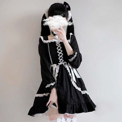 Black Lace Up Lolita Bow-Knot Maid Dress - One Size