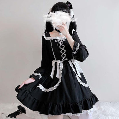 Black Lace Up Lolita Bow-Knot Maid Dress - One Size