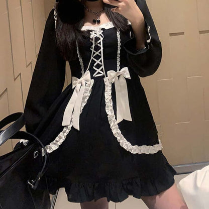 Black Lace Up Lolita Bow-Knot Maid Dress - One Size