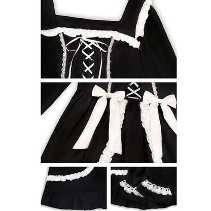 Black Lace Up Lolita Bow-Knot Maid Dress - One Size