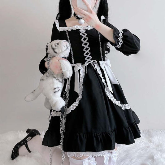 Black Lace Up Lolita Bow-Knot Maid Dress - One Size