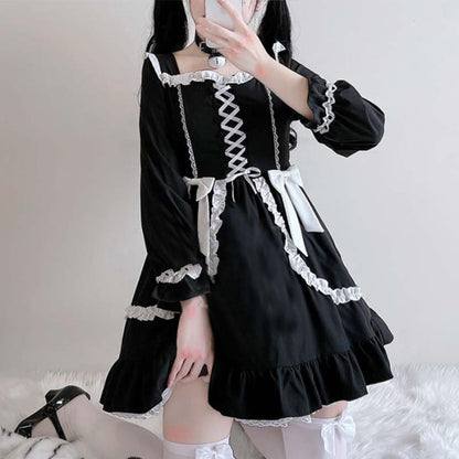 Black Lace Up Lolita Bow-Knot Maid Dress - One Size