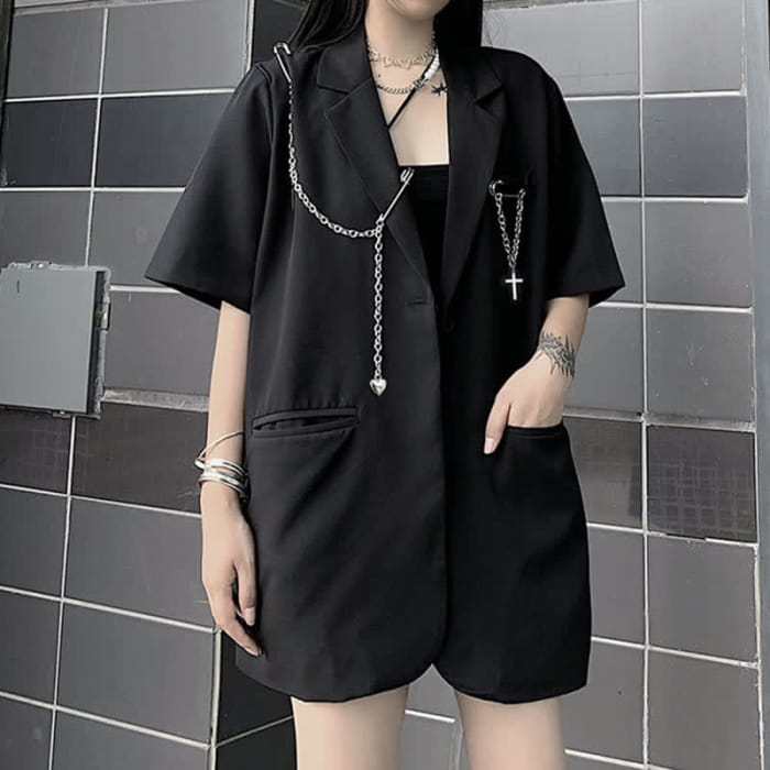 Black Lapel Blazer Wide Leg Chain Cargo Shorts modakawa