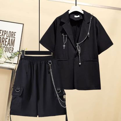 Black Lapel Blazer Wide Leg Chain Cargo Shorts modakawa