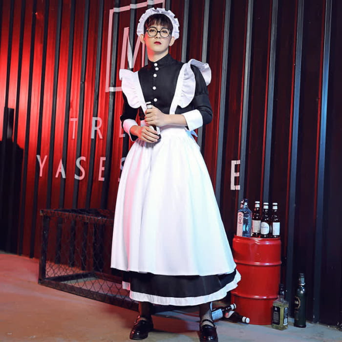 Black Neutral Button Ruffled Maid Dress