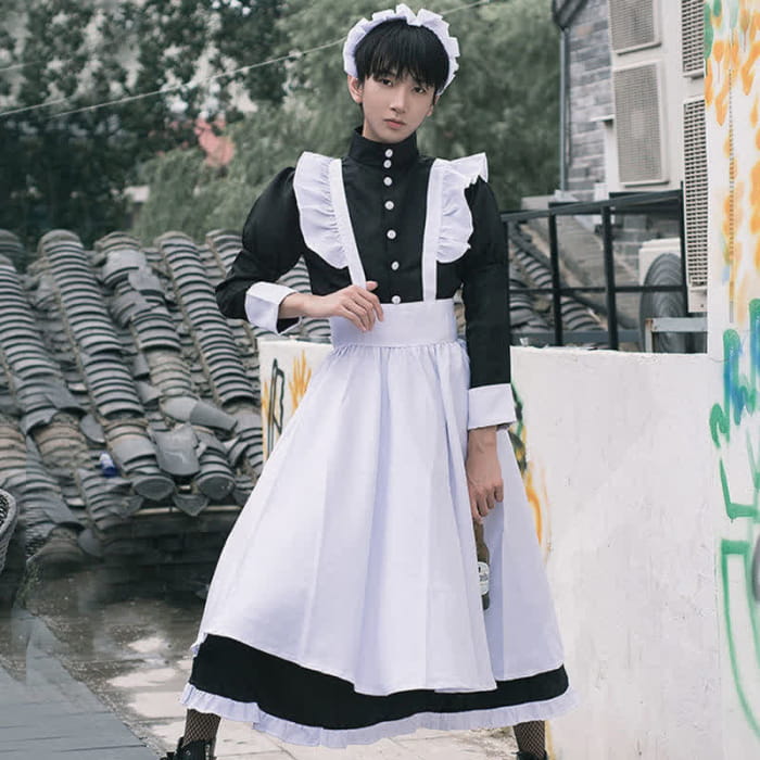 Black Neutral Button Ruffled Maid Dress