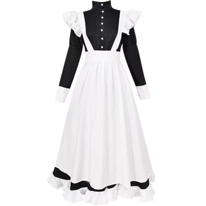 Black Neutral Button Ruffled Maid Dress - S