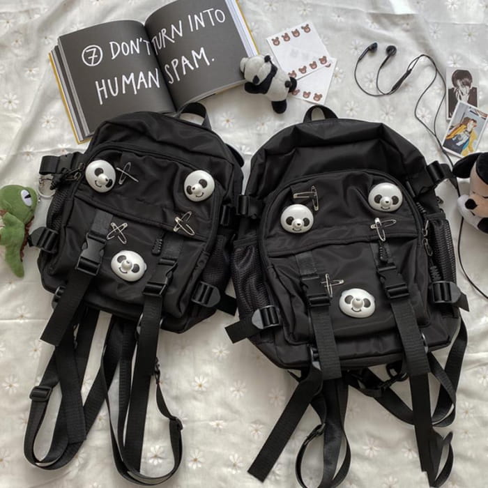 Black Panda Pin Backpack Crossbody Bag - S