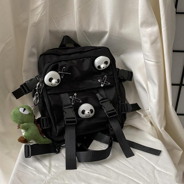 Black Panda Pin Backpack Crossbody Bag - with Dinosaur / S