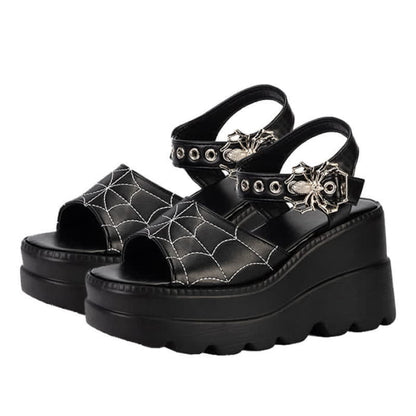 Black Punk Goth Spider Web Buckle Wedge Sandals - B / 36