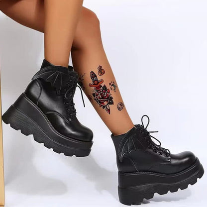 Black Punk Goth Wings Lace Up High Wedge Boots