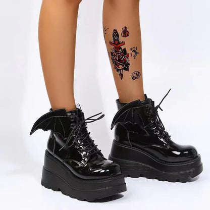 Black Punk Goth Wings Lace Up High Wedge Boots