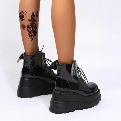 Black Punk Goth Wings Lace Up High Wedge Boots