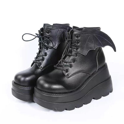 Black Punk Goth Wings Lace Up High Wedge Boots - A / 35