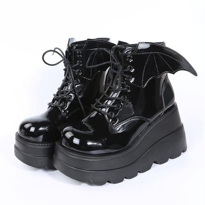 Black Punk Goth Wings Lace Up High Wedge Boots - B / 35