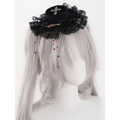 Black Rosette Bowknot Mini with Red Beads Hat - Free Size