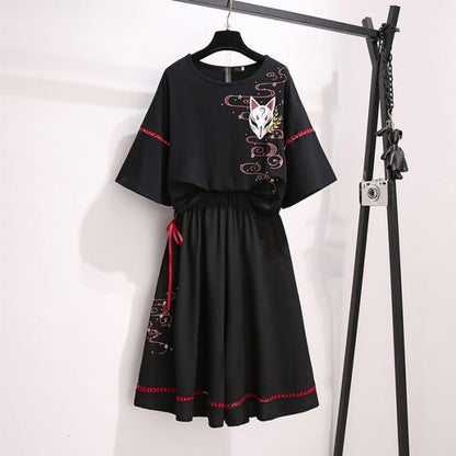 Black Sakura Fox Print Lace Up T-Shirt Wide Leg Pants