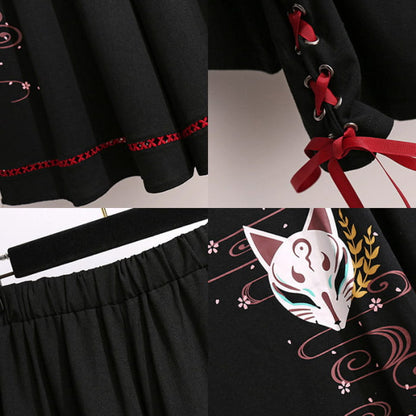 Black Sakura Fox Print Lace Up T-Shirt Wide Leg Pants