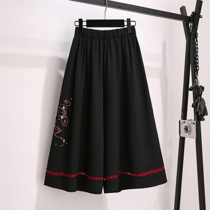 Black Sakura Fox Print Lace Up T-Shirt Wide Leg Pants - M