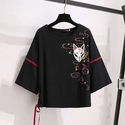 Black Sakura Fox Print Lace Up T-Shirt Wide Leg Pants - M