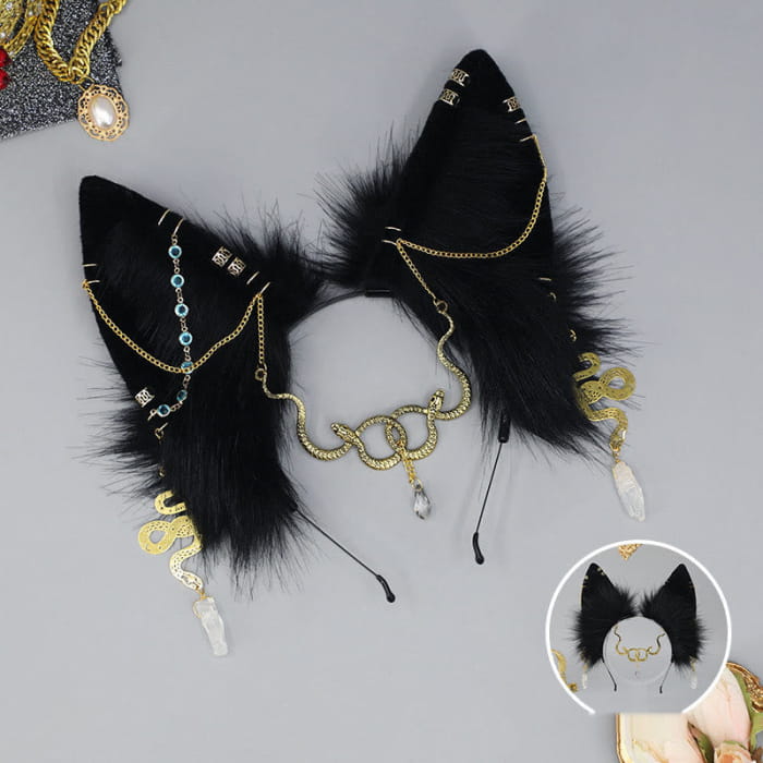 Black Snake Chain Fox Ears Furry Headband - Golden