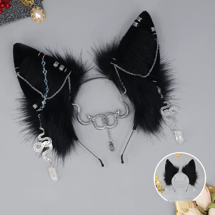 Black Snake Chain Fox Ears Furry Headband - Silver