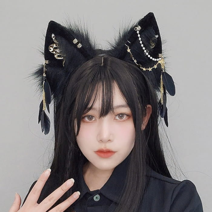 Black Snake Feather Wolf Ears Furry with Chain Headband