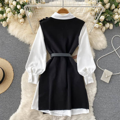 Black Split Knit Vest Lapel Shirt Dress Set With Belt