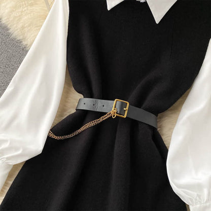 Black Split Knit Vest Lapel Shirt Dress Set With Belt