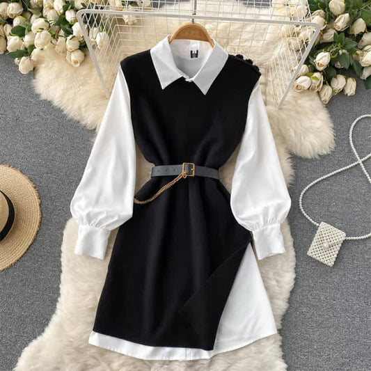 Black Split Knit Vest Lapel Shirt Dress Set With Belt - M