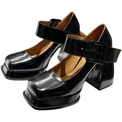 Black Square Mary Jane Heels - Shoes