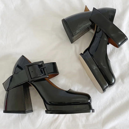 Black Square Mary Jane Heels - Shoes