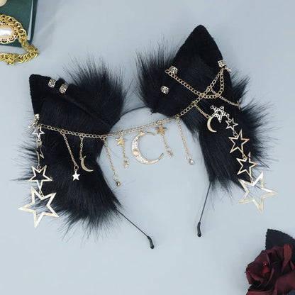 Black Star Moon Chain Fox Ears Furry Headband - One Size