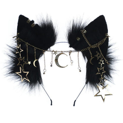 Black Star Moon Chain Fox Ears Furry Headband - One Size