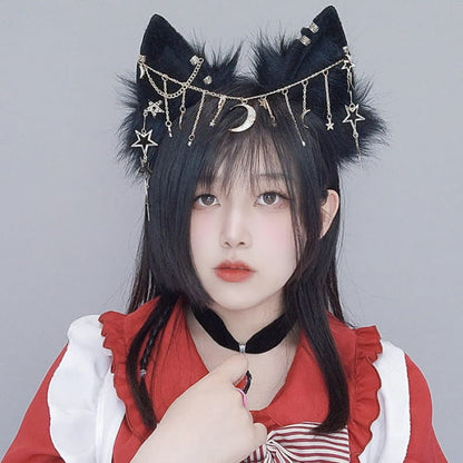 Black Star Moon Chain Fox Ears Furry Headband - One Size