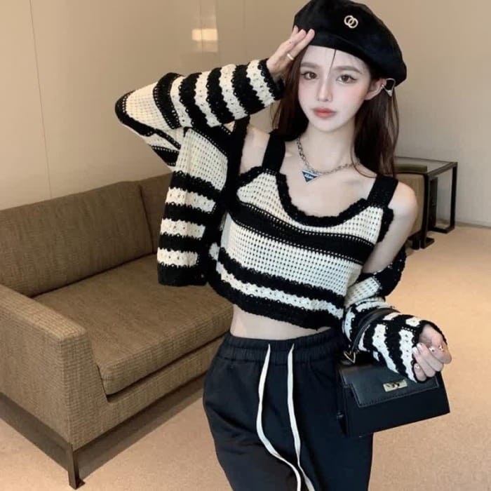 Black Stripe Print Tank Top Cardigan Causal Pants